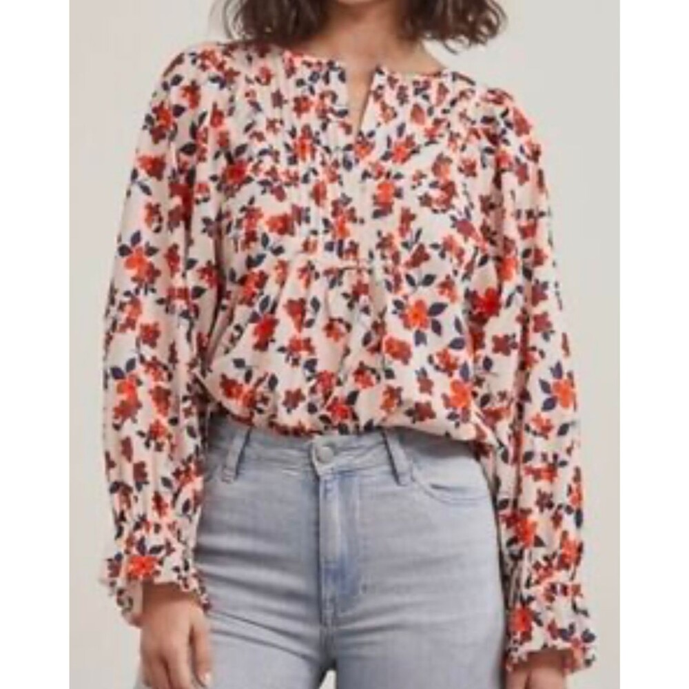 Elizabeth and James Floral Popover Blouse Long Sleeve Top Pintucks Hook & Eye L
